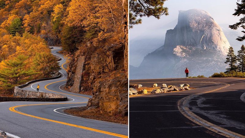 The roads dyed with golden autumn colors in the US