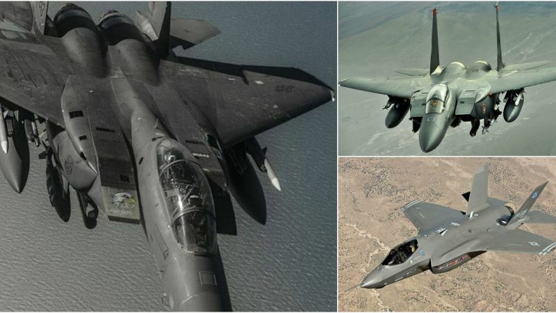 Aerial Titans Collide: F-15 Eagle vs. F-22 Raptor and F-35 Lightning II, along with the Adaptable F-15E Strike Eagle