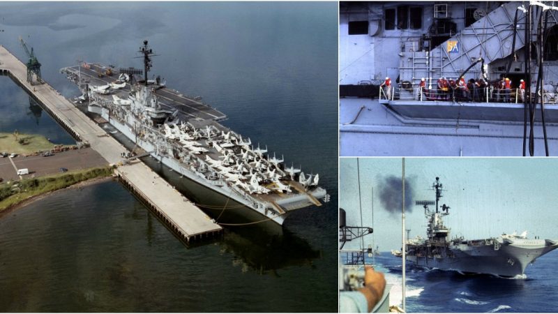 Iconic Aerial Shot: USS Ticonderoga (CVA-14) Showcases Her New Deck Design and Fleet in 1959